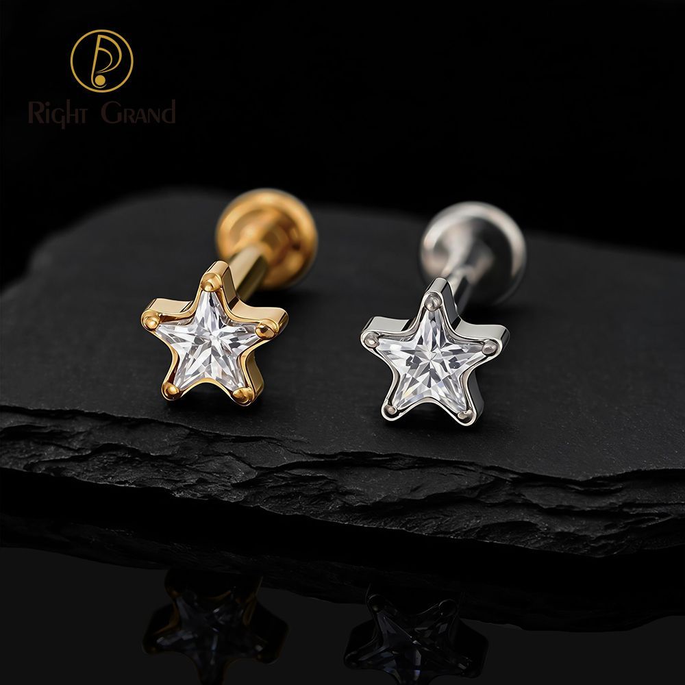 Right Grand Titanium 16G/18G Threadless Push Pin Star CZ Flat Back Stud Earring 16G Helix Tragus Cartilage Lip Piercing