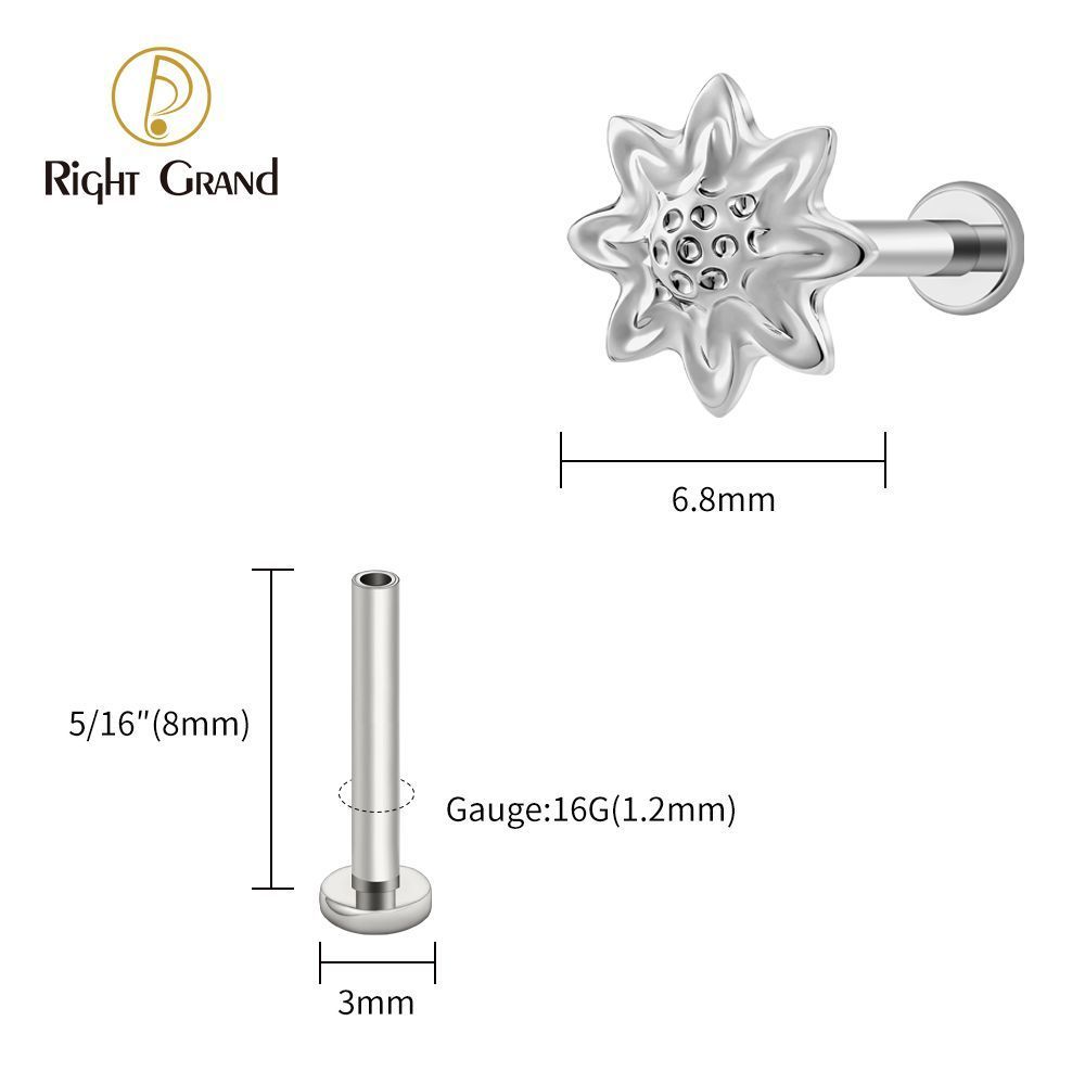 Right Grand Titanium 16G/18G Threadless Push Pin Daisy Flower Labret Ring 16G Flat Back Cartilage Stud Earring Conch Helix Lip Piercing Jewelry