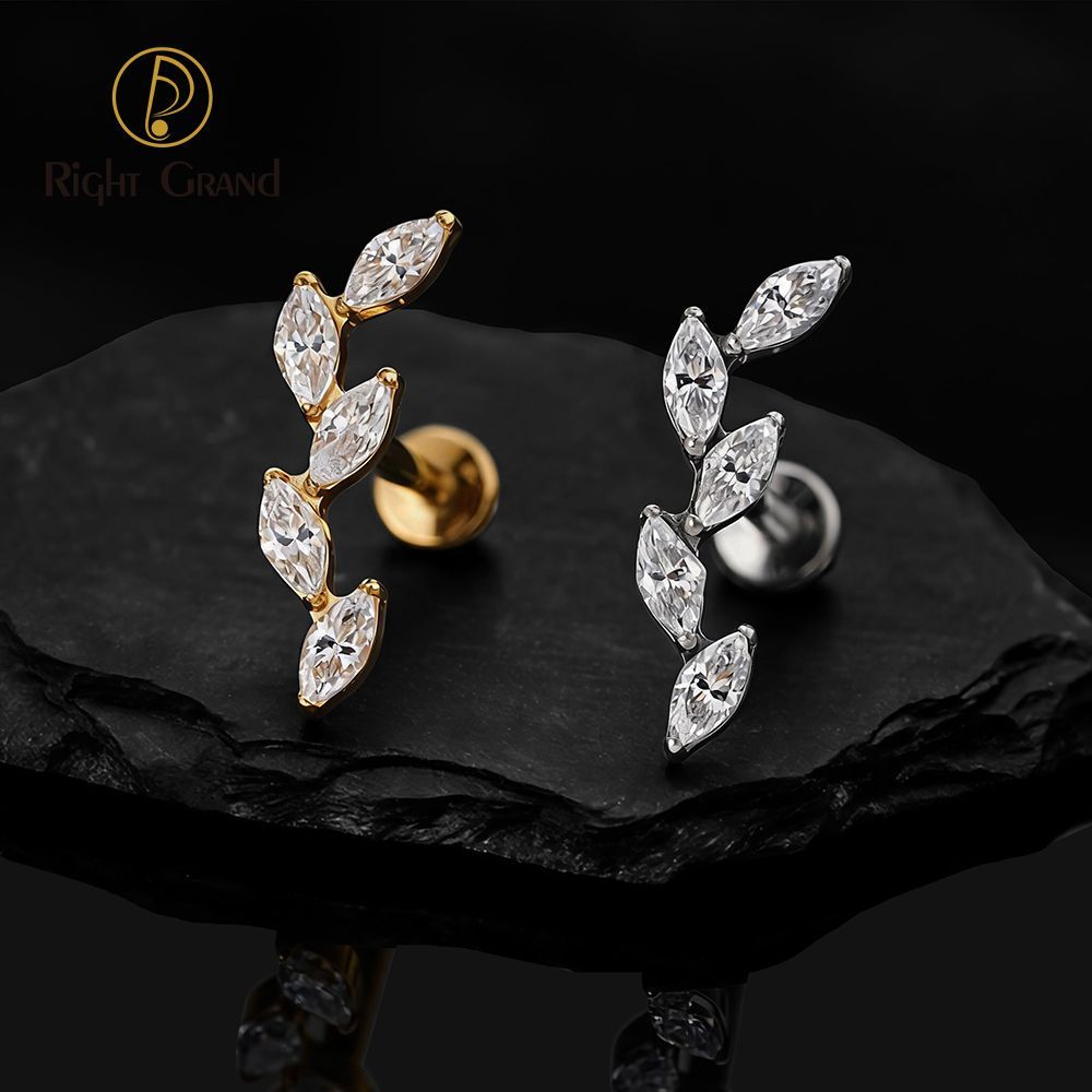 Right Grand Titanium 16G/18G Threadless Push Pin 5 Marquise CZ Labret Stud Helix Conch Cartilage Tragus Flat Back Piercing