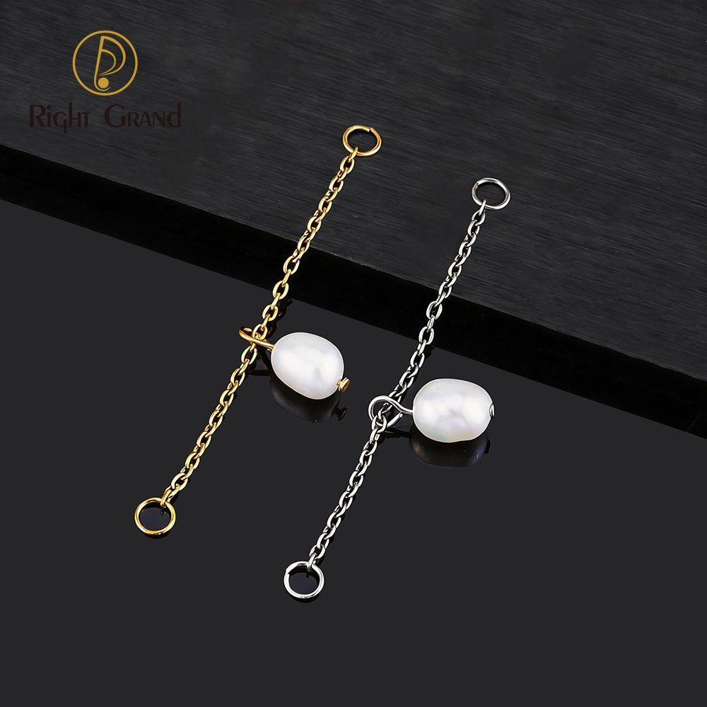 Right Grand Titanium Chain Pearl Drop Double Ring Charm for Ear Lobe Dangle Hoop Huggie Earrings