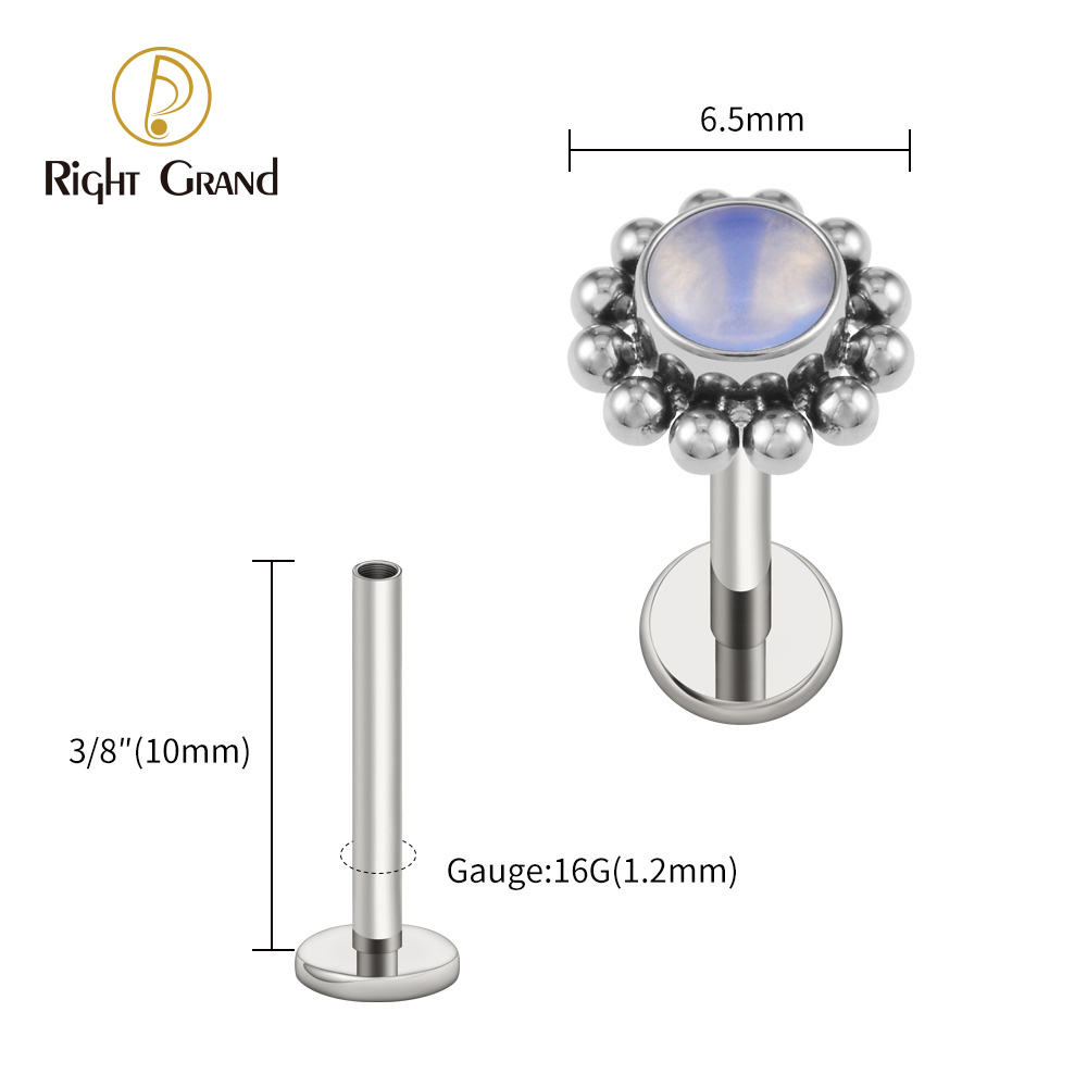 Right Grand ASTM F136 Titanium 16G Flower Labret Stud Earring with Natural Stone Helix Cartilage Tragus Conch Piercing