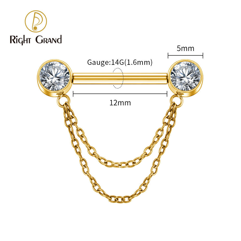 Right Grand ASTM F136 Titanium Double Chain Dangle Sparkle CZ Threadless Nipple Ring 14 Gauge Barbell Piercing