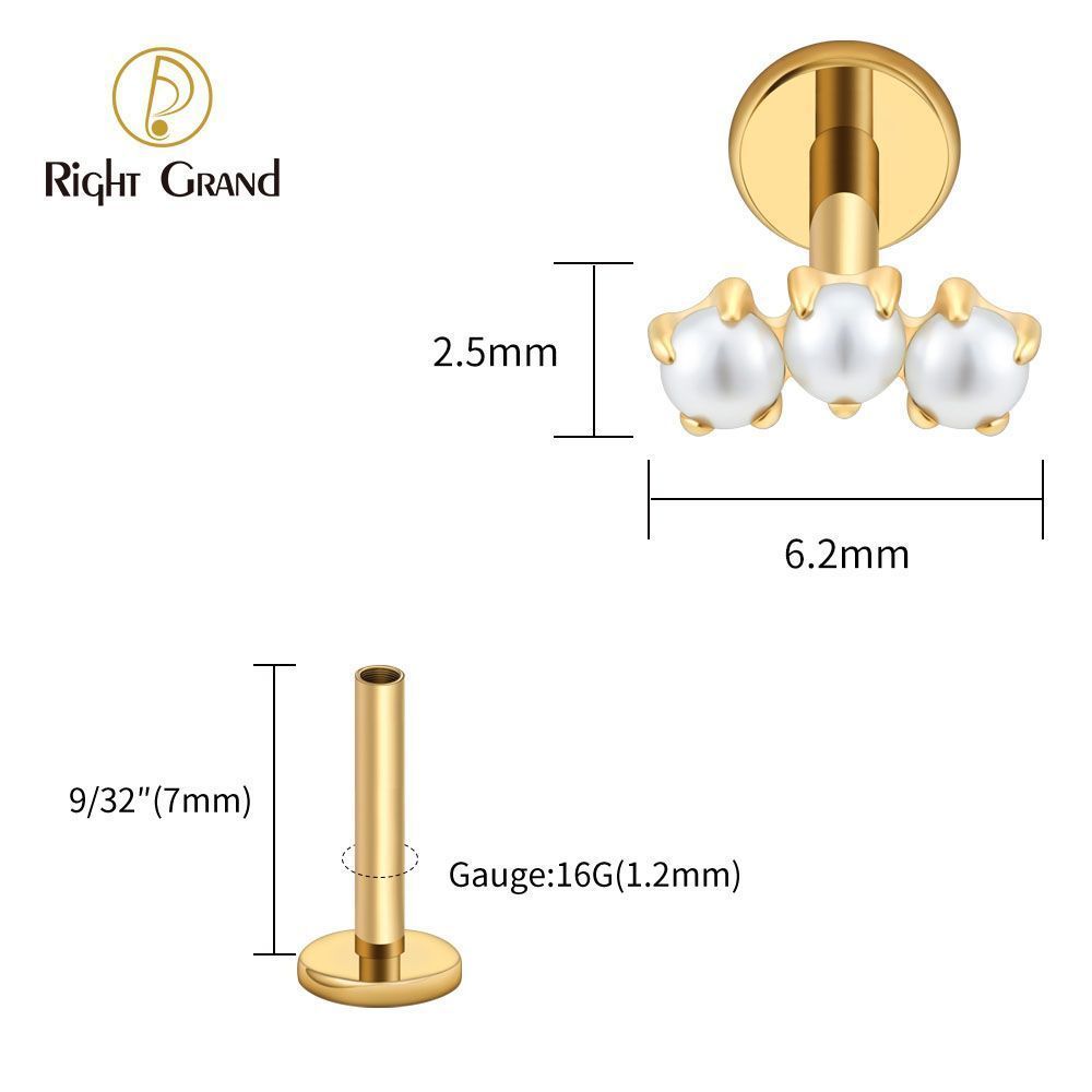 Right Grand Titanium Internal Thread Triple Tiny Pearl Labret Ring 16G Flat Back Cartilage Stud Earring Conch Helix Lip Piercing Jewelry