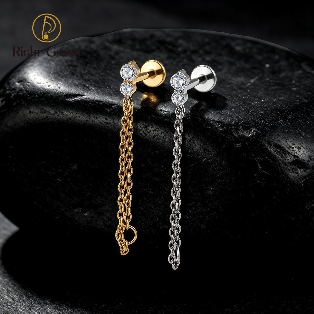 Right Grand Titanium Internal Thread CZ Double Chain Connect Ring Labret Ring 16G Flat Back Cartilage Stud Earring Conch Helix Lip Piercing Jewelry