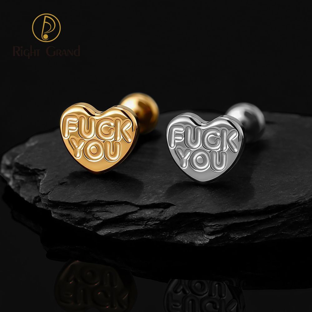 Right Grand Titanium 16G/18G Threadless Push Pin Heart Letter F**K YOU Labret Ring 16G Flat Back Cartilage Stud Earring Conch Helix Lip Piercing Jewelry