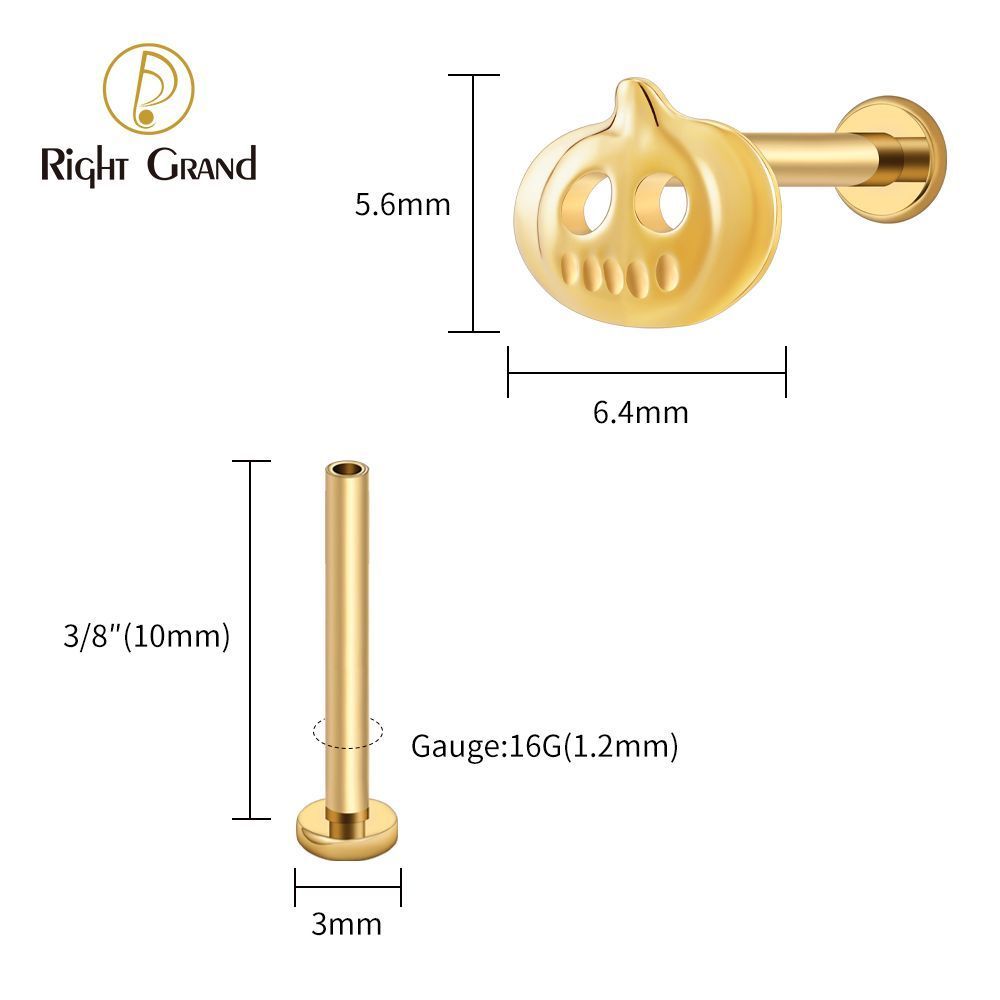 Right Grand Titanium 16G/18G Threadless Push Pin Halloween Pumpkin Ghost Punk Labret Ring 16G Flat Back Cartilage Stud Earring Conch Helix Lip Piercing Jewelry