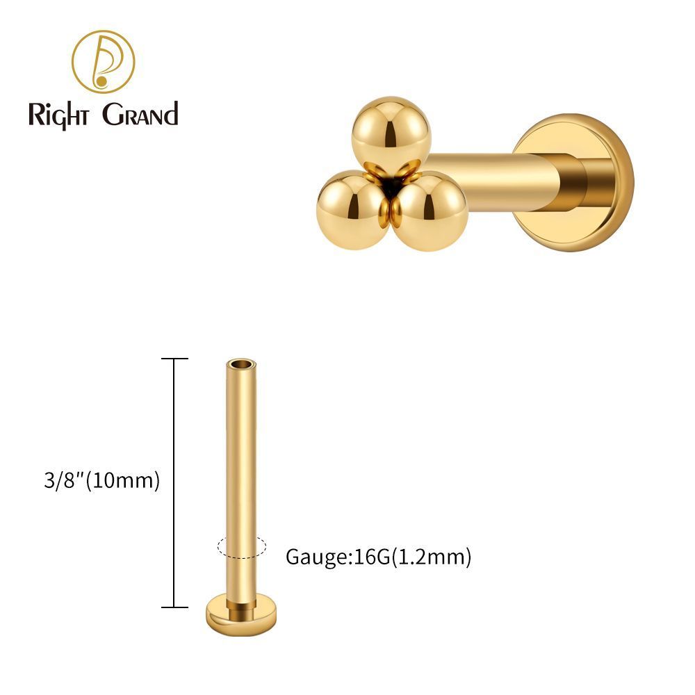 Right Grand Titanium 18G/16G Threadless Push Pin Labret Stud Trinity Beads Tragus Piercing Labret Studs