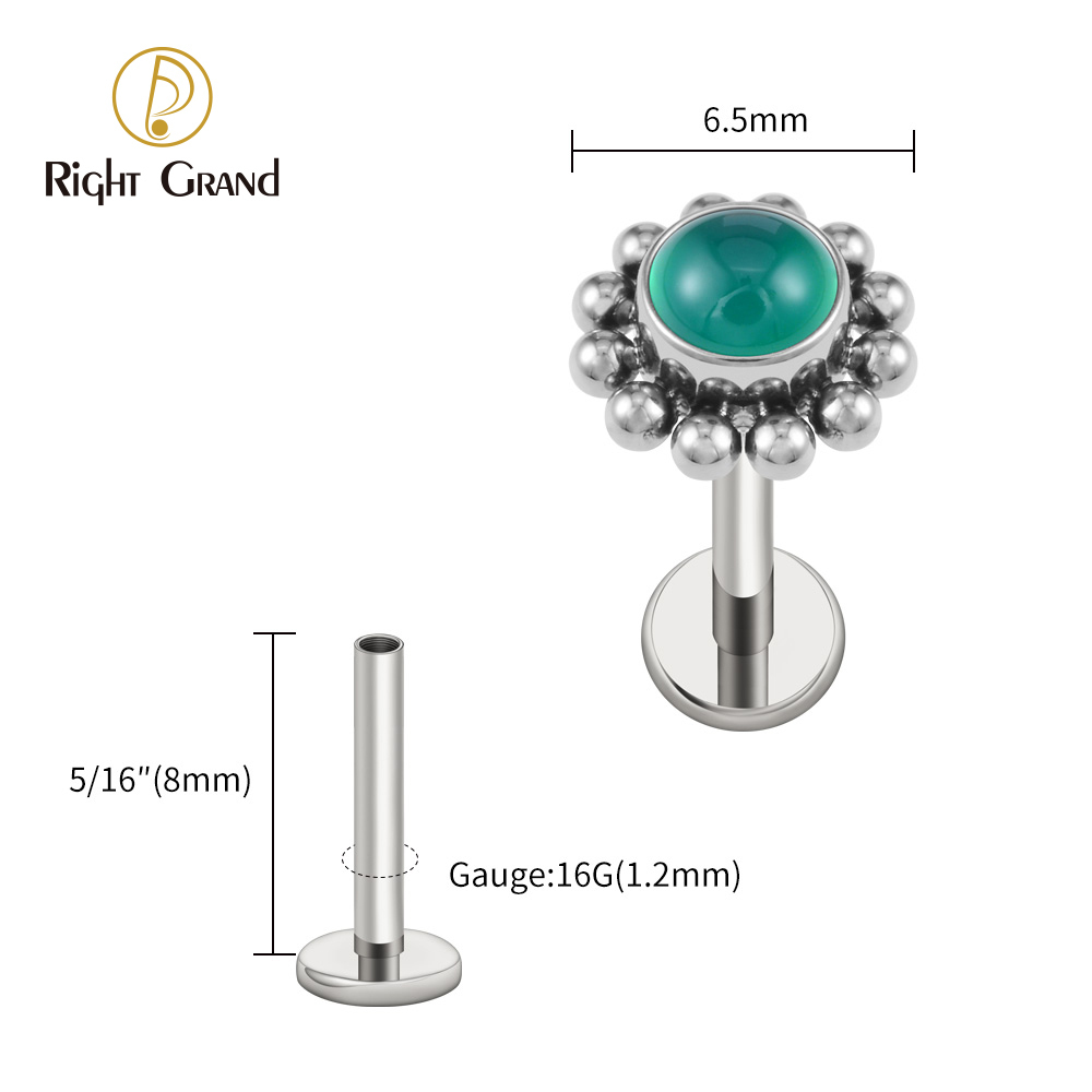 Right Grand ASTM F136 Titanium 16G Flower Labret Stud Earring with Natural Stone Helix Cartilage Tragus Conch Piercing