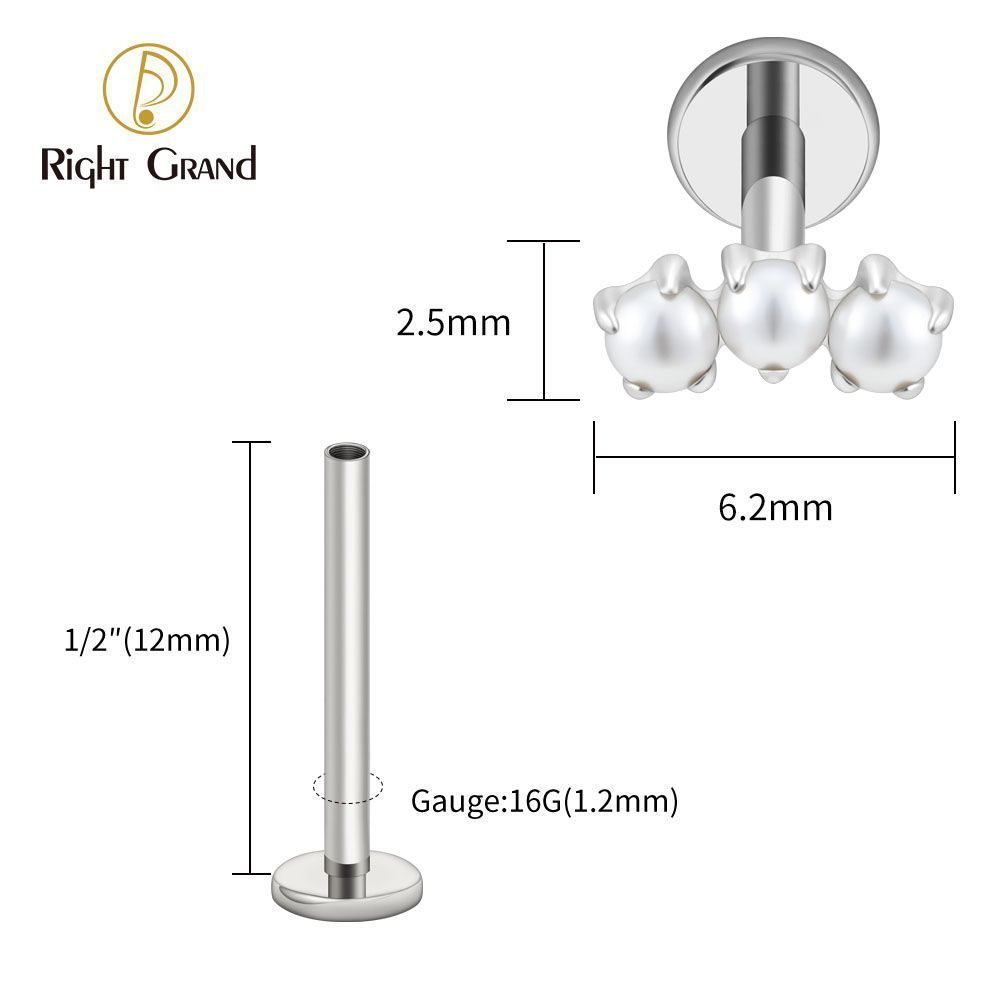 Right Grand Titanium Internal Thread Triple Tiny Pearl Labret Ring 16G Flat Back Cartilage Stud Earring Conch Helix Lip Piercing Jewelry
