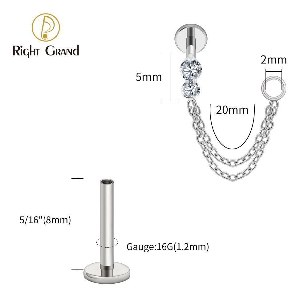 Right Grand Titanium Internal Thread CZ Double Chain Connect Ring Labret Ring 16G Flat Back Cartilage Stud Earring Conch Helix Lip Piercing Jewelry