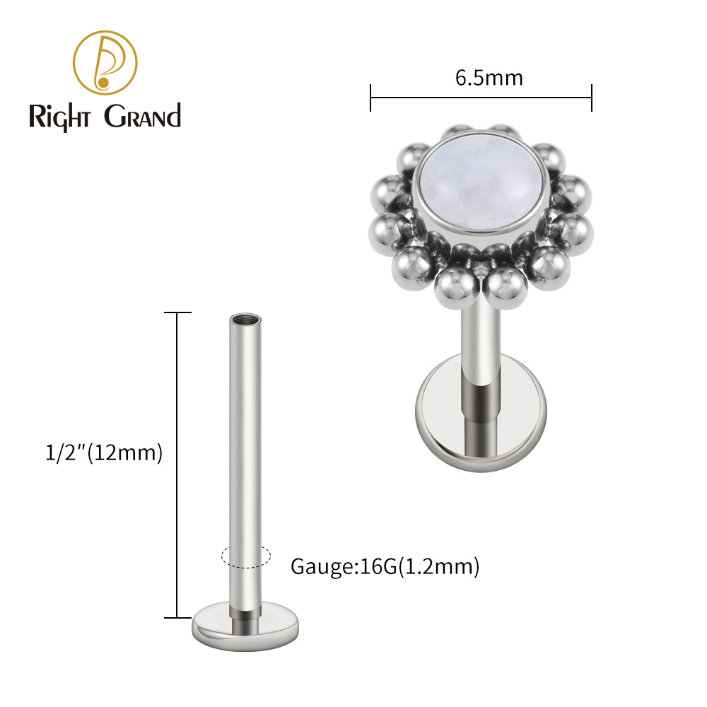 Right Grand ASTM F136 Titanium 16G Flower Labret Stud Earring with Natural Stone Helix Cartilage Tragus Conch Piercing