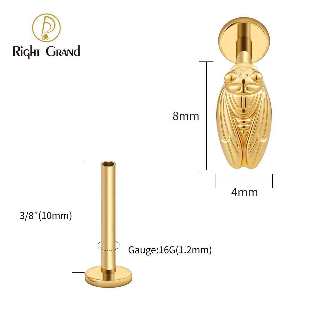 Right Grand Titanium Internal Thread Summer Cicada Labret Ring 16G Flat Back Cartilage Stud Earring Conch Helix Lip Piercing Jewelry