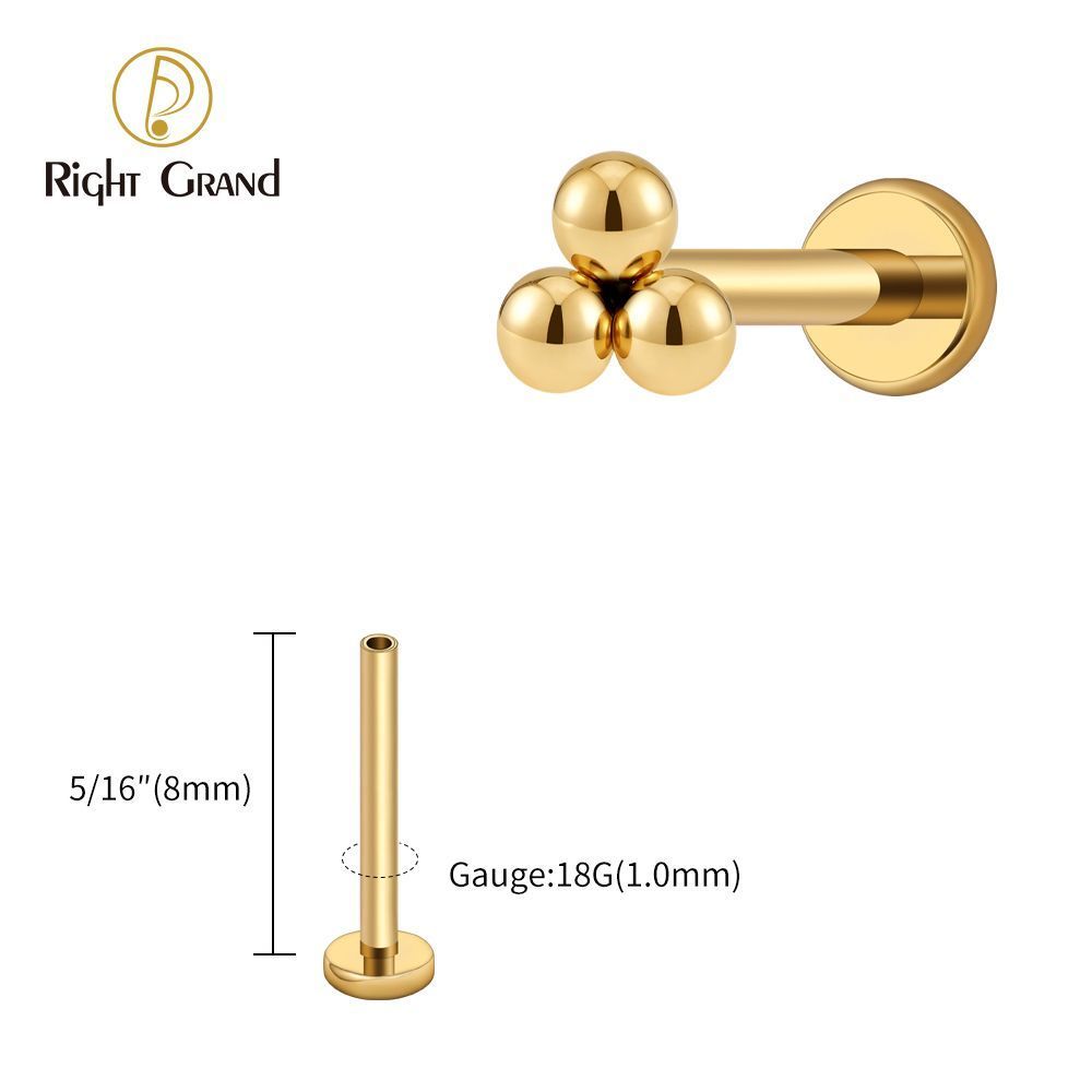 Right Grand Titanium 18G/16G Threadless Push Pin Labret Stud Trinity Beads Tragus Piercing Labret Studs