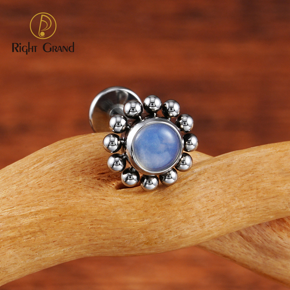 Right Grand ASTM F136 Titanium 16G Flower Labret Stud Earring with Natural Stone Helix Cartilage Tragus Conch Piercing