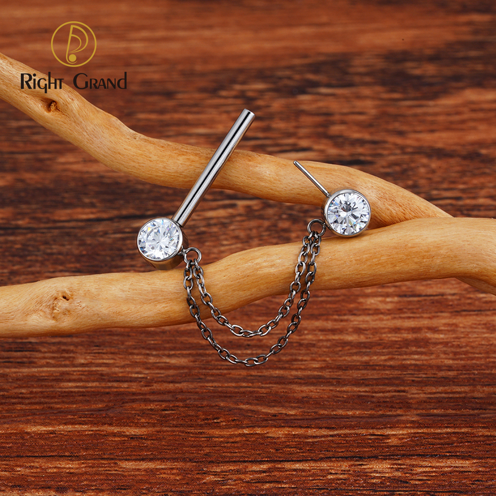 Right Grand ASTM F136 Titanium Double Chain Dangle Sparkle CZ Threadless Nipple Ring 14 Gauge Barbell Piercing