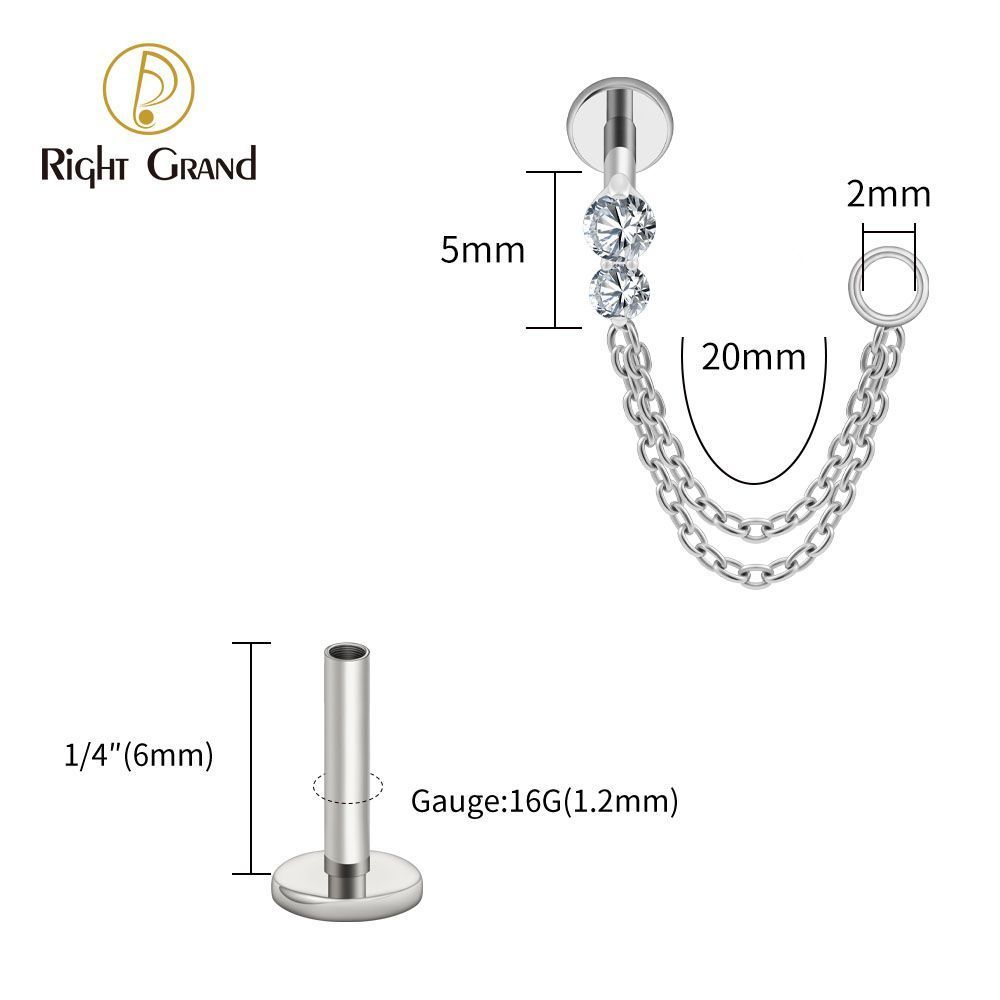 Right Grand Titanium Internal Thread CZ Double Chain Connect Ring Labret Ring 16G Flat Back Cartilage Stud Earring Conch Helix Lip Piercing Jewelry