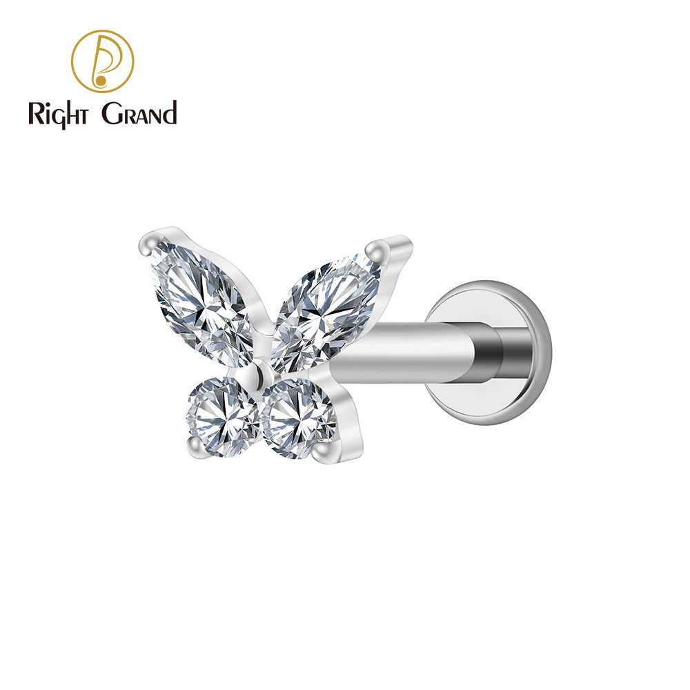 Right Grand Titanium 16G/18G Threadless Push Pin Butterfly CZ Labret Tragus Cartilage Conch Forward Helix Stud Nose Piercing