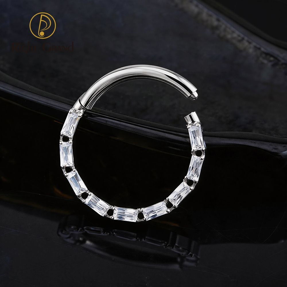 Right Grand Titanium Square CZ Surround Hinged Septum Clicker Nose Ring 16G Daith Helix Hoop Earring Piercing Jewelry