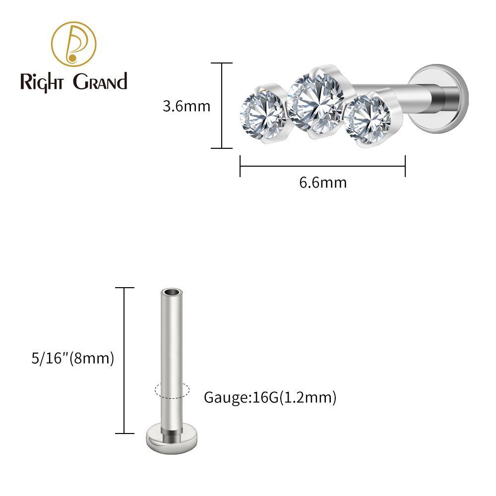 Right Grand Titanium 16G/18G Threadless Push Pin Triple CZ Cluster Cartilage Earring 16G Mini CZ Labret Tragus Helix Medusa Flat Back Piercing