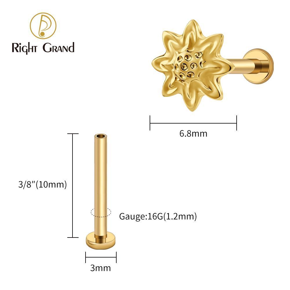 Right Grand Titanium 16G/18G Threadless Push Pin Daisy Flower Labret Ring 16G Flat Back Cartilage Stud Earring Conch Helix Lip Piercing Jewelry