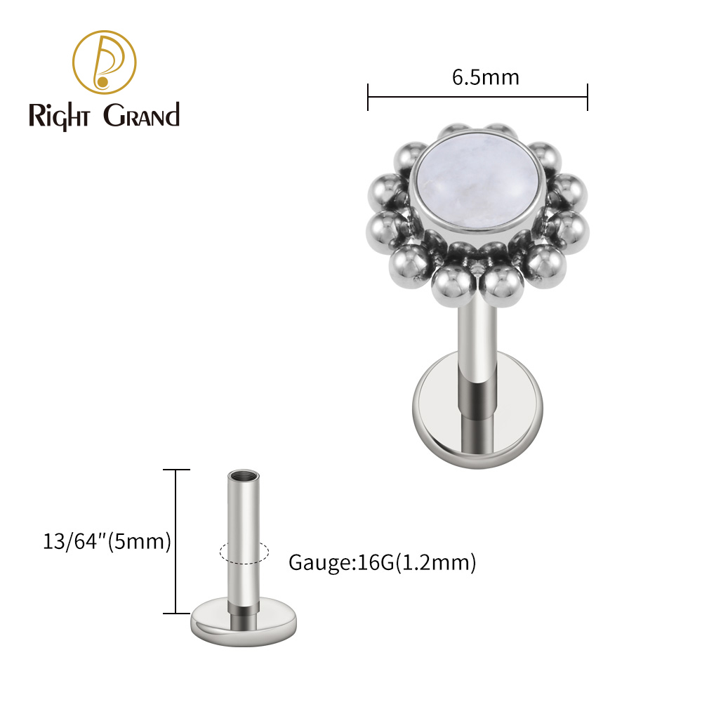 Right Grand ASTM F136 Titanium 16G Flower Labret Stud Earring with Natural Stone Helix Cartilage Tragus Conch Piercing