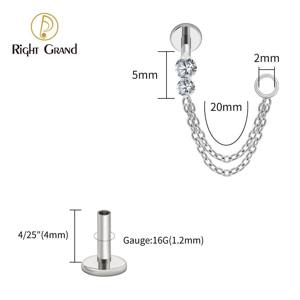 Right Grand Titanium Internal Thread CZ Double Chain Connect Ring Labret Ring 16G Flat Back Cartilage Stud Earring Conch Helix Lip Piercing Jewelry