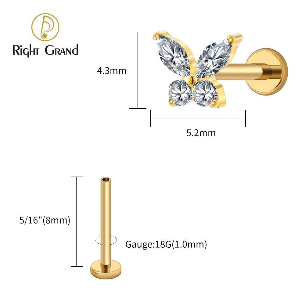 Right Grand Titanium 16G/18G Threadless Push Pin Butterfly CZ Labret Tragus Cartilage Conch Forward Helix Stud Nose Piercing