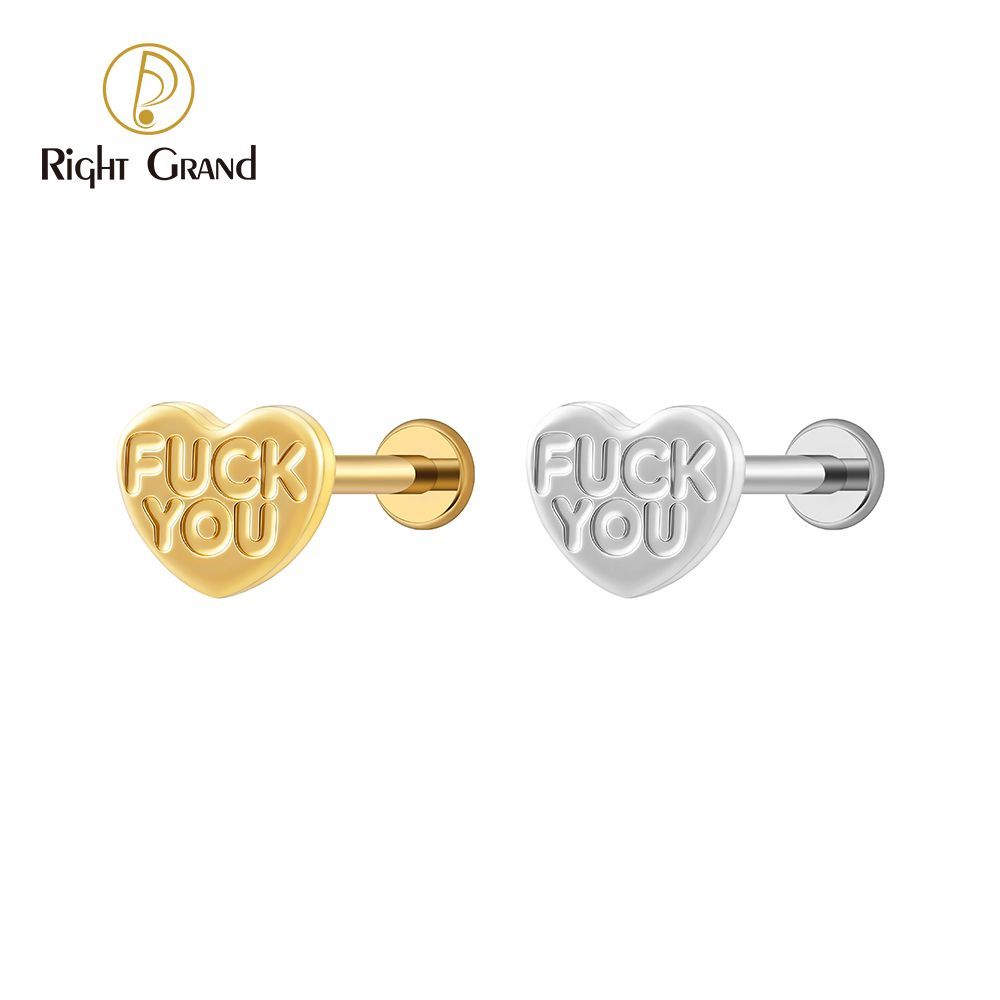 Right Grand Titanium 16G/18G Threadless Push Pin Heart Letter F**K YOU Labret Ring 16G Flat Back Cartilage Stud Earring Conch Helix Lip Piercing Jewelry