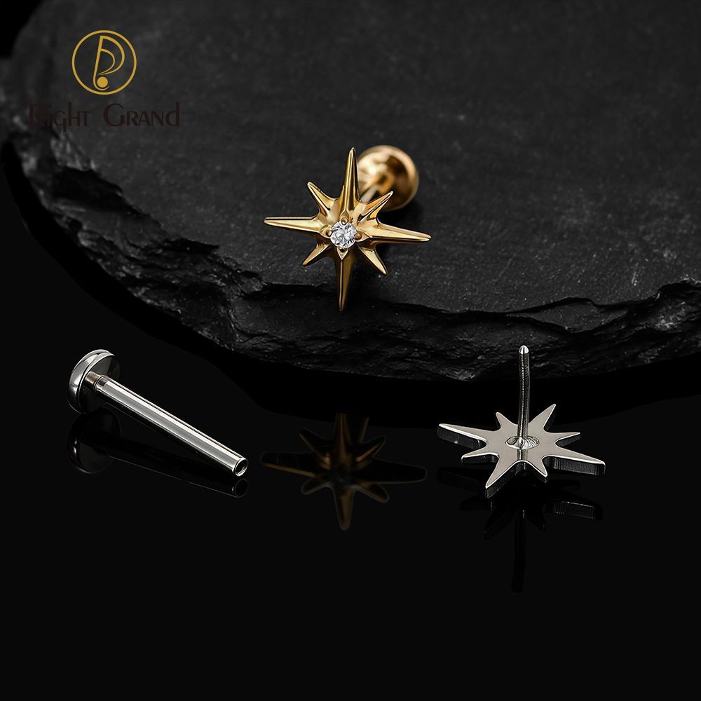 Right Grand Titanium 16G/18G Threadless Push Pin Sparkling CZ North Star Stud Earring Labret Cartilage Tragus Helix Conch Lobe Piercing