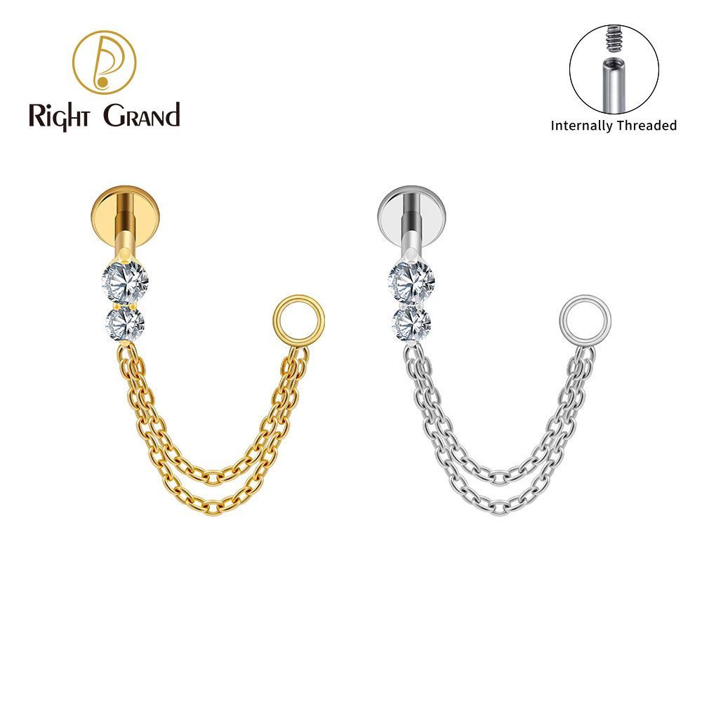 Right Grand Titanium Internal Thread CZ Double Chain Connect Ring Labret Ring 16G Flat Back Cartilage Stud Earring Conch Helix Lip Piercing Jewelry