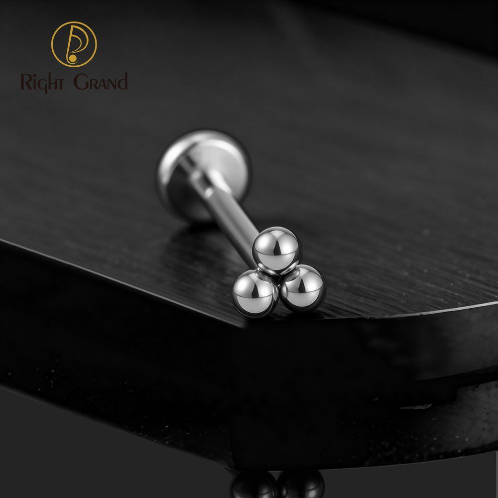 Right Grand Titanium 18G/16G Threadless Push Pin Labret Stud Trinity Beads Tragus Piercing Labret Studs