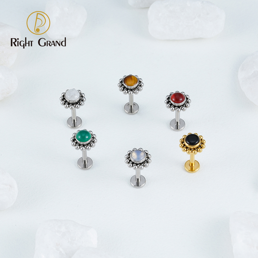 Right Grand ASTM F136 Titanium 16G Flower Labret Stud Earring with Natural Stone Helix Cartilage Tragus Conch Piercing