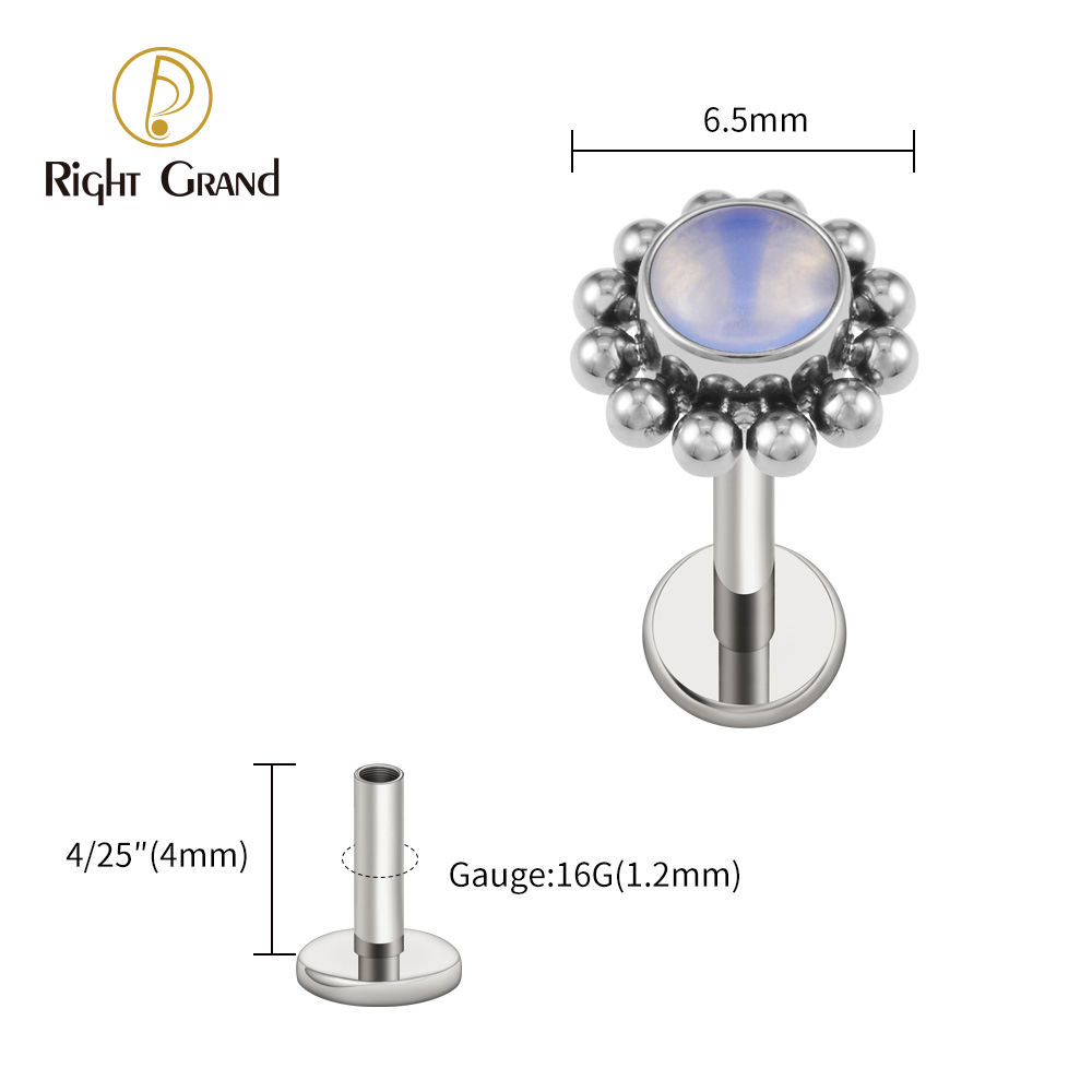 Right Grand ASTM F136 Titanium 16G Flower Labret Stud Earring with Natural Stone Helix Cartilage Tragus Conch Piercing