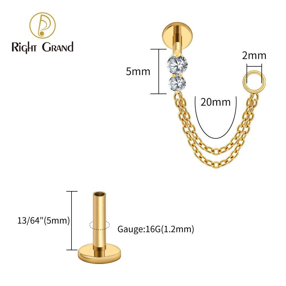 Right Grand Titanium Internal Thread CZ Double Chain Connect Ring Labret Ring 16G Flat Back Cartilage Stud Earring Conch Helix Lip Piercing Jewelry