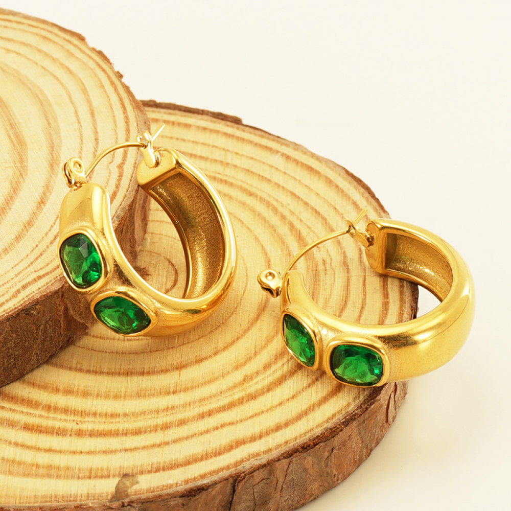Right Grand 18K Gold Plated Women Fashion Jewelry Stainless Steel Cubic Zirconia Green Stone Hoop Earrings