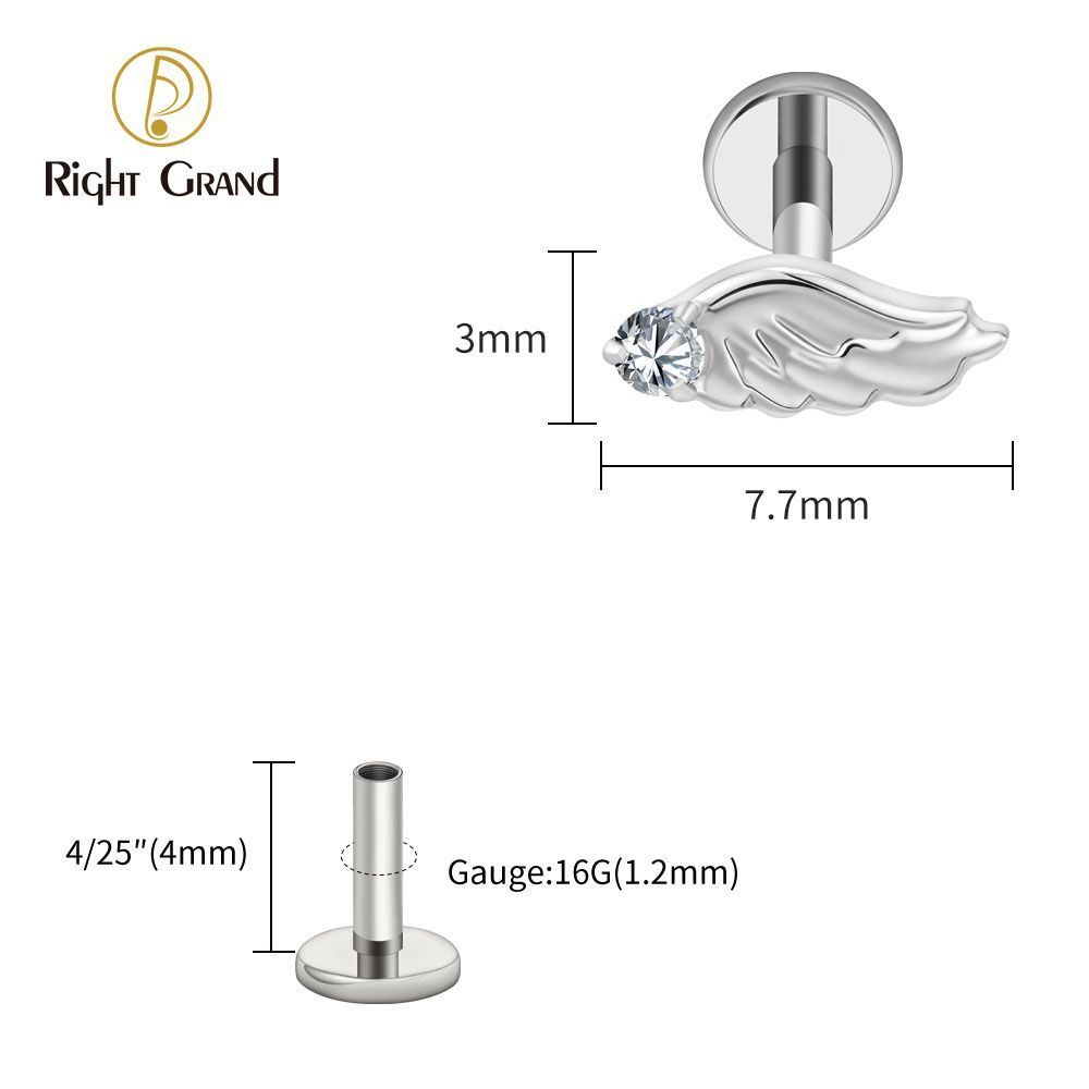 Right Grand Titanium Internal Thread CZ Wing Labret Ring 16G Flat Back Cartilage Stud Earring Conch Helix Lip Piercing Jewelry