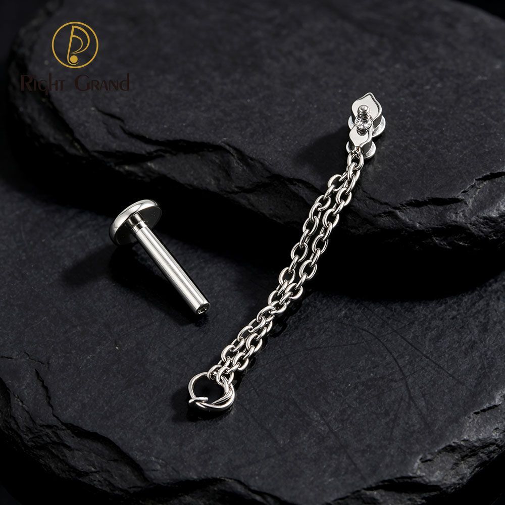 Right Grand Titanium Internal Thread CZ Double Chain Connect Ring Labret Ring 16G Flat Back Cartilage Stud Earring Conch Helix Lip Piercing Jewelry