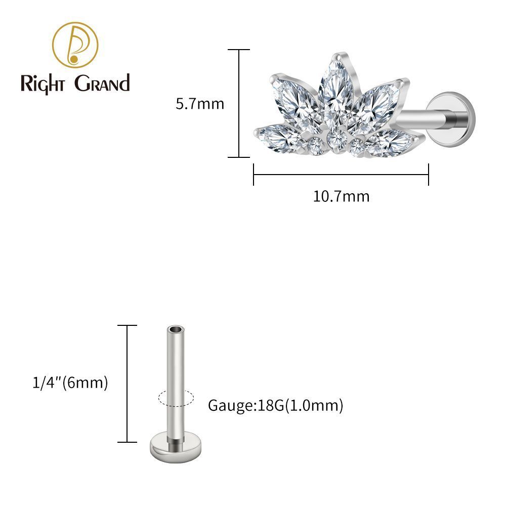 Right Grand Titanium 16G/18G Threadless Push Pin Marquise Lotus CZ Flower Flat Back Stud Labret Tragus Helix Cartilage Conch Earring Piercing