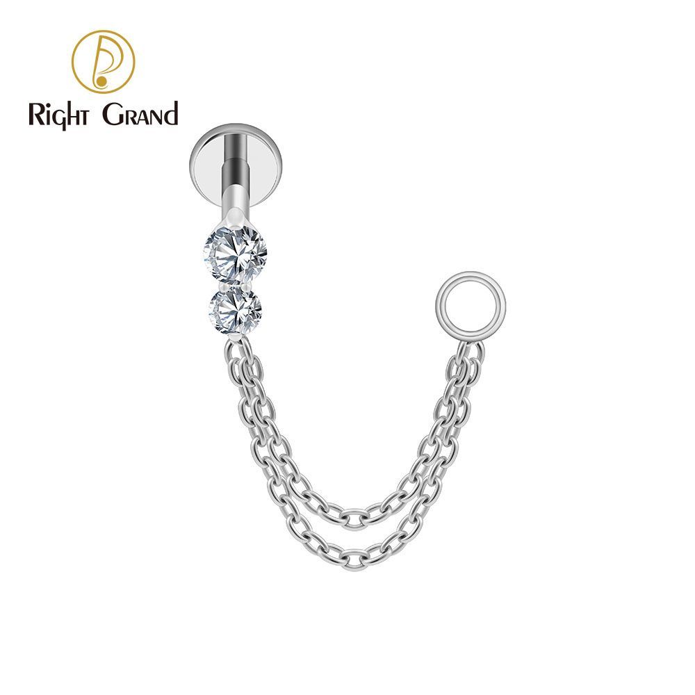 Right Grand Titanium Internal Thread CZ Double Chain Connect Ring Labret Ring 16G Flat Back Cartilage Stud Earring Conch Helix Lip Piercing Jewelry