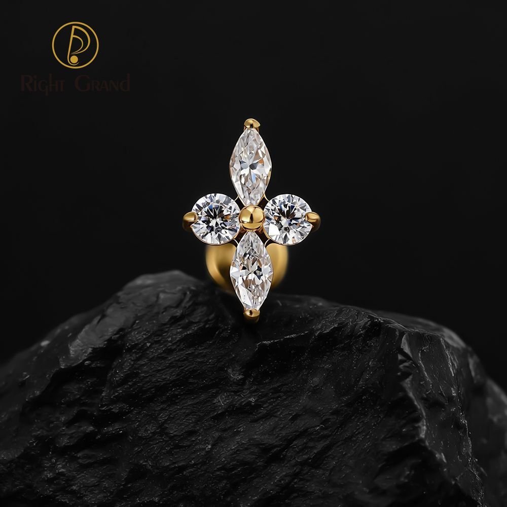 Right Grand Titanium 16G/18G Threadless Push Pin Prong Set CZ Flower Marquise Stud Earring Tragus Helix Cartilage Piercing