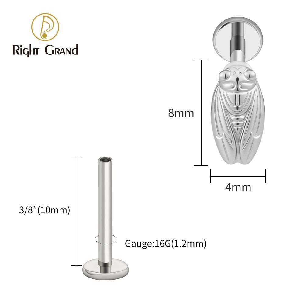 Right Grand Titanium Internal Thread Summer Cicada Labret Ring 16G Flat Back Cartilage Stud Earring Conch Helix Lip Piercing Jewelry