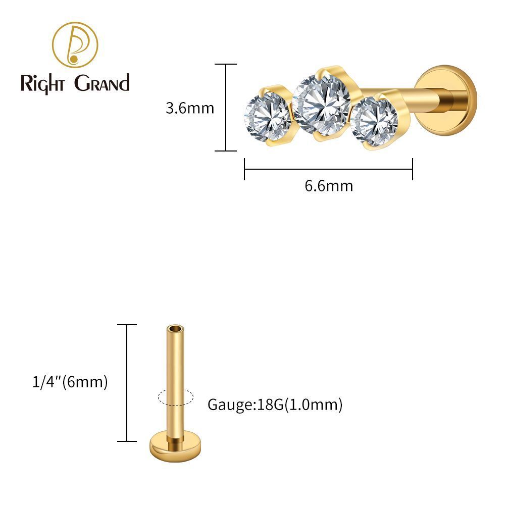 Right Grand Titanium 16G/18G Threadless Push Pin Triple CZ Cluster Cartilage Earring 16G Mini CZ Labret Tragus Helix Medusa Flat Back Piercing