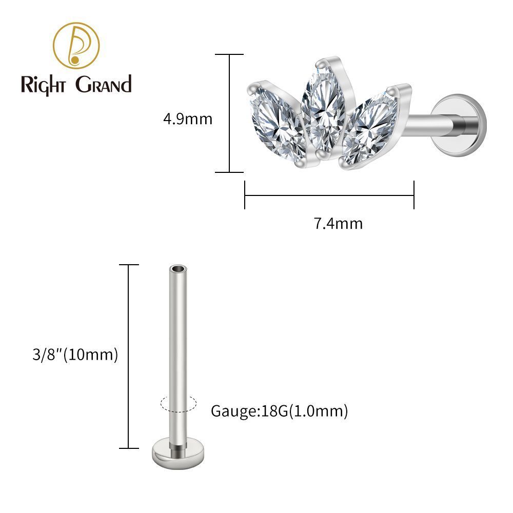Right Grand Titanium 16G/18G Threadless Push Pin Triple Marquise CZ Stud Earring 16G Trinity Lotus Opal Cluster Cartilage Helix Tragus Piercing