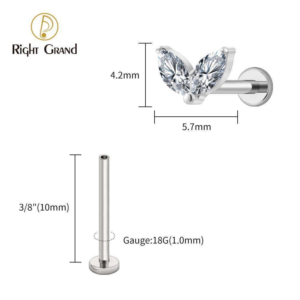 Right Grand Titanium 16G/18G Threadless Push Pin Tiny Double Marquise CZ Labret Stud Earring 16G Heart CZ Cartilage Helix Tragus Conch Piercing