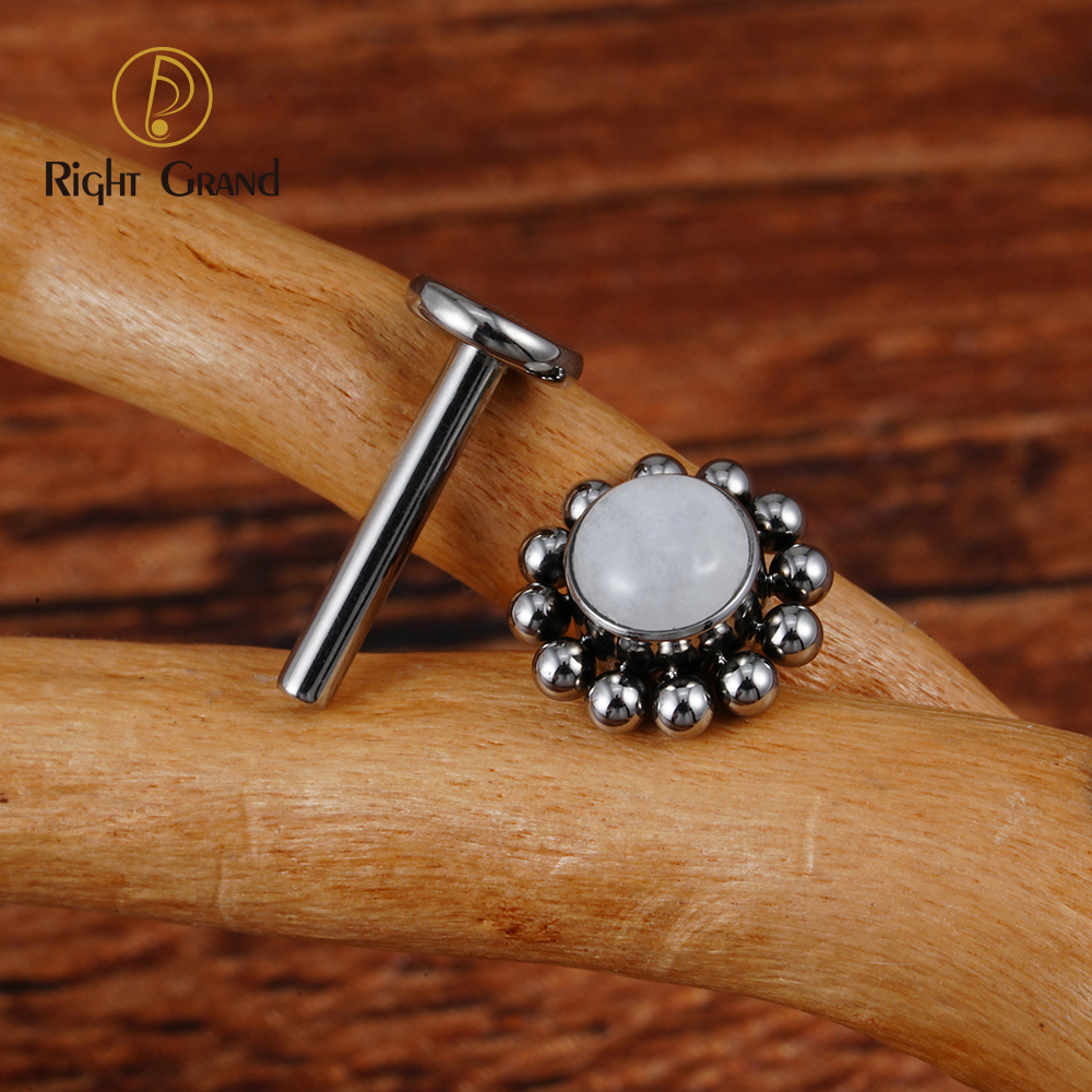 Right Grand ASTM F136 Titanium 16G Flower Labret Stud Earring with Natural Stone Helix Cartilage Tragus Conch Piercing