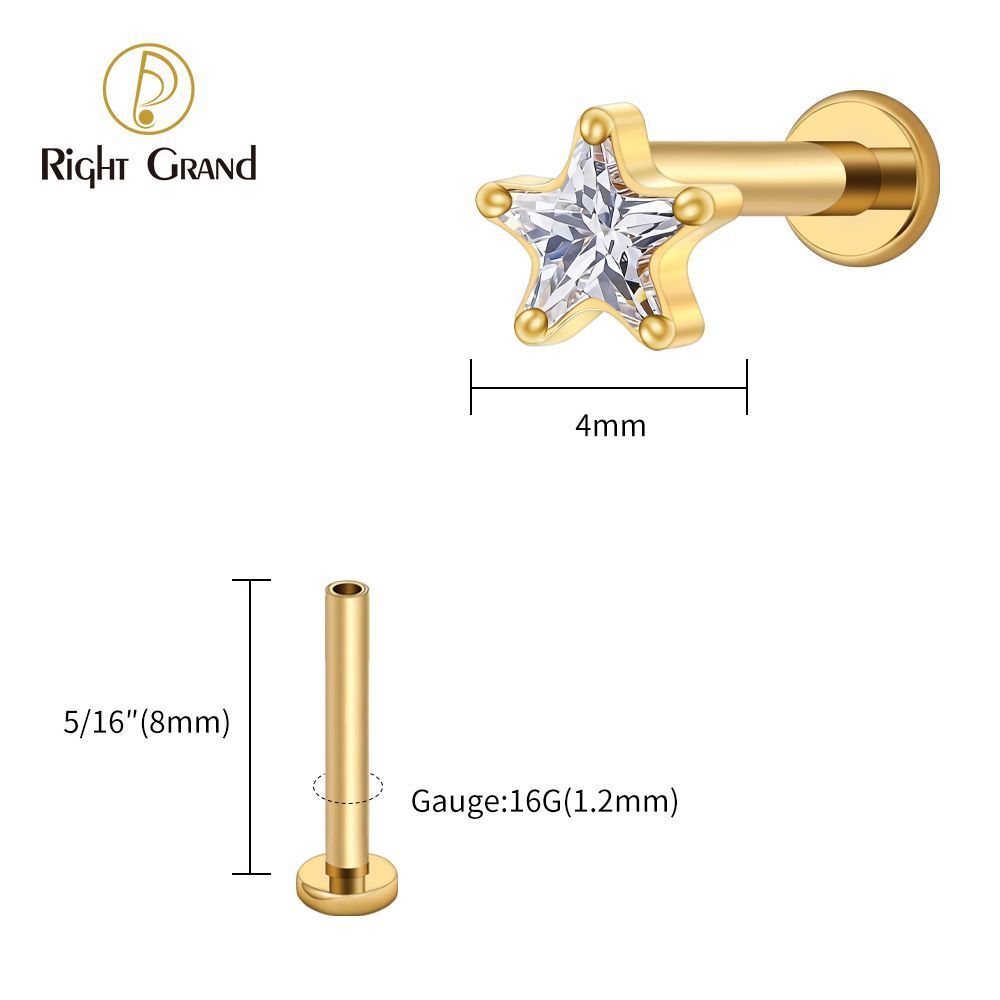 Right Grand Titanium 16G/18G Threadless Push Pin Star CZ Flat Back Stud Earring 16G Helix Tragus Cartilage Lip Piercing