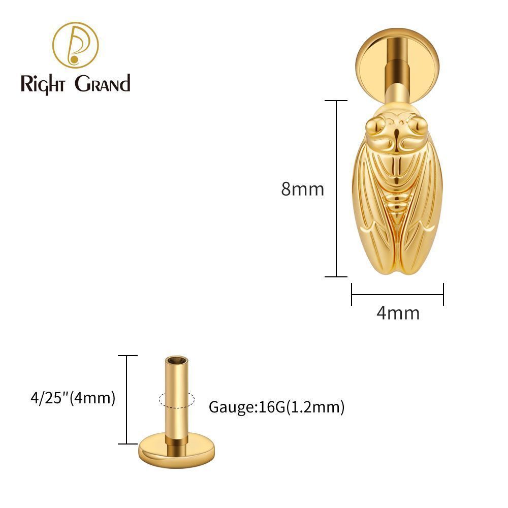 Right Grand Titanium Internal Thread Summer Cicada Labret Ring 16G Flat Back Cartilage Stud Earring Conch Helix Lip Piercing Jewelry