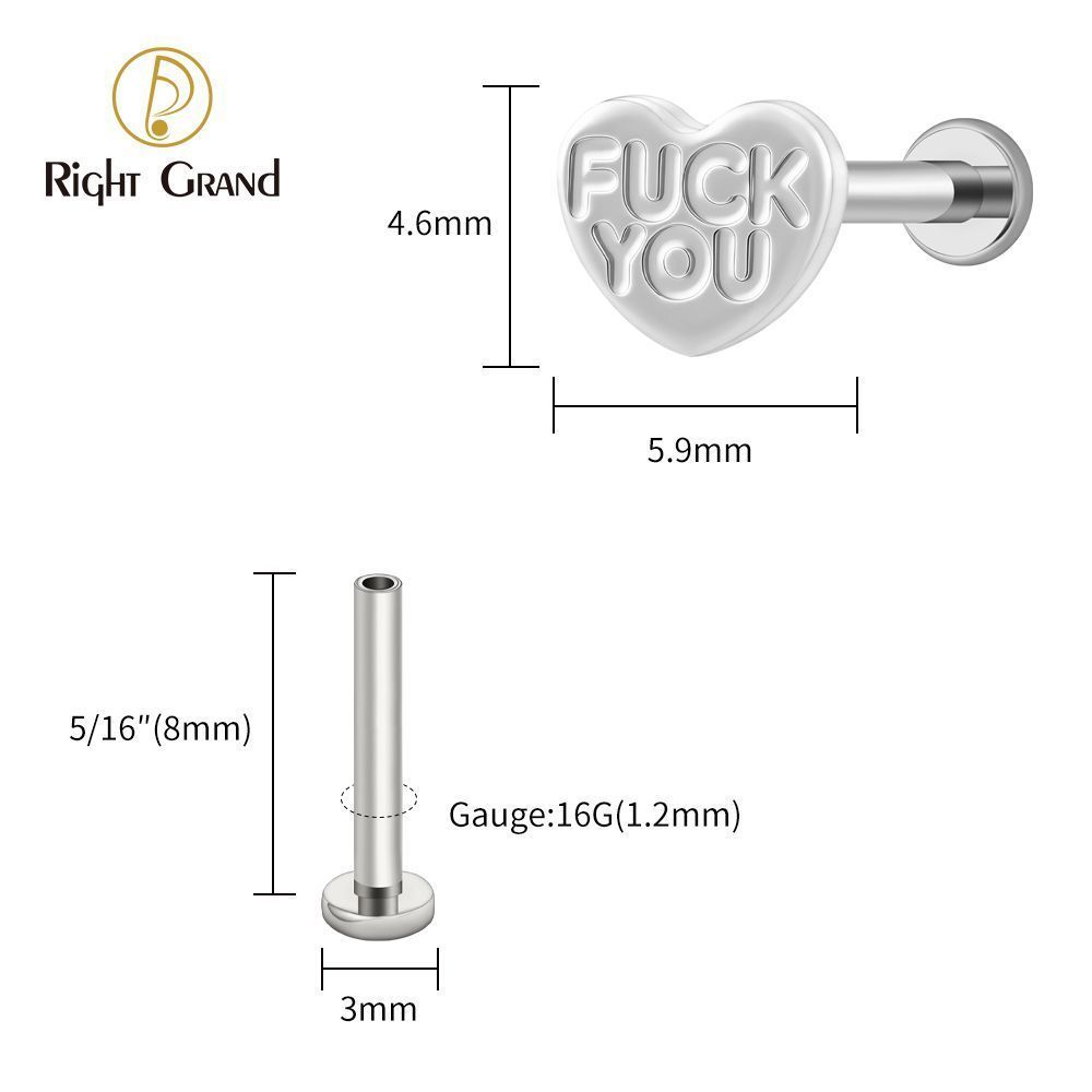 Right Grand Titanium 16G/18G Threadless Push Pin Heart Letter F**K YOU Labret Ring 16G Flat Back Cartilage Stud Earring Conch Helix Lip Piercing Jewelry