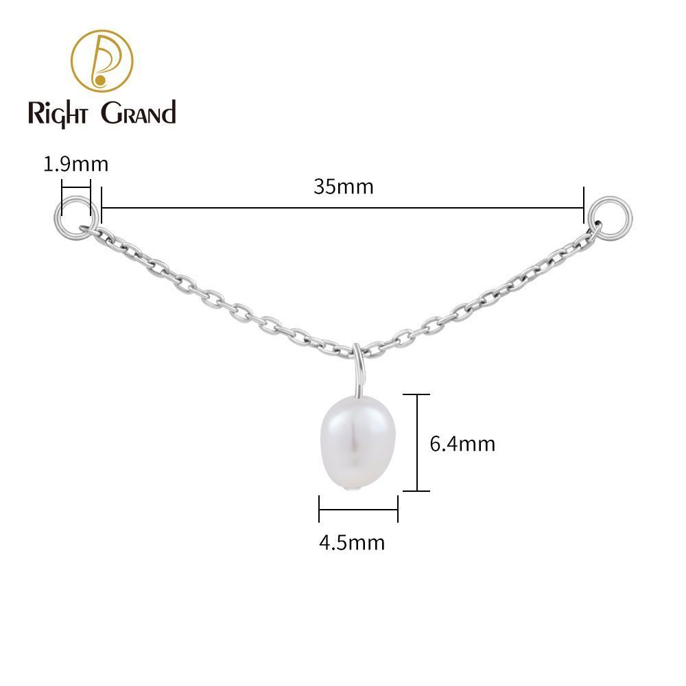 Right Grand Titanium Chain Pearl Drop Double Ring Charm for Ear Lobe Dangle Hoop Huggie Earrings