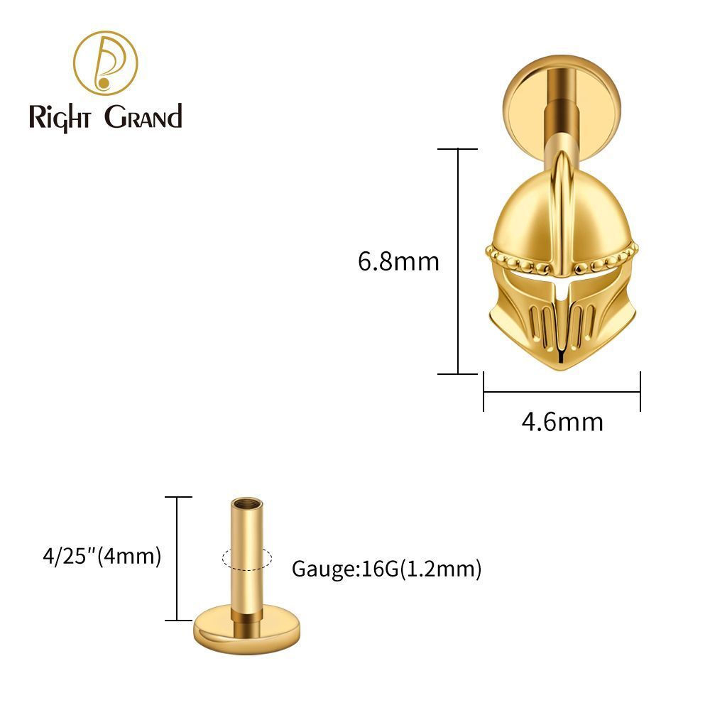 Right Grand ASTM F136 Titanium Internal Thread Helmet Labret Ring 16G Flat Back Cartilage Stud Earring Conch Helix Lip Piercing Jewelry